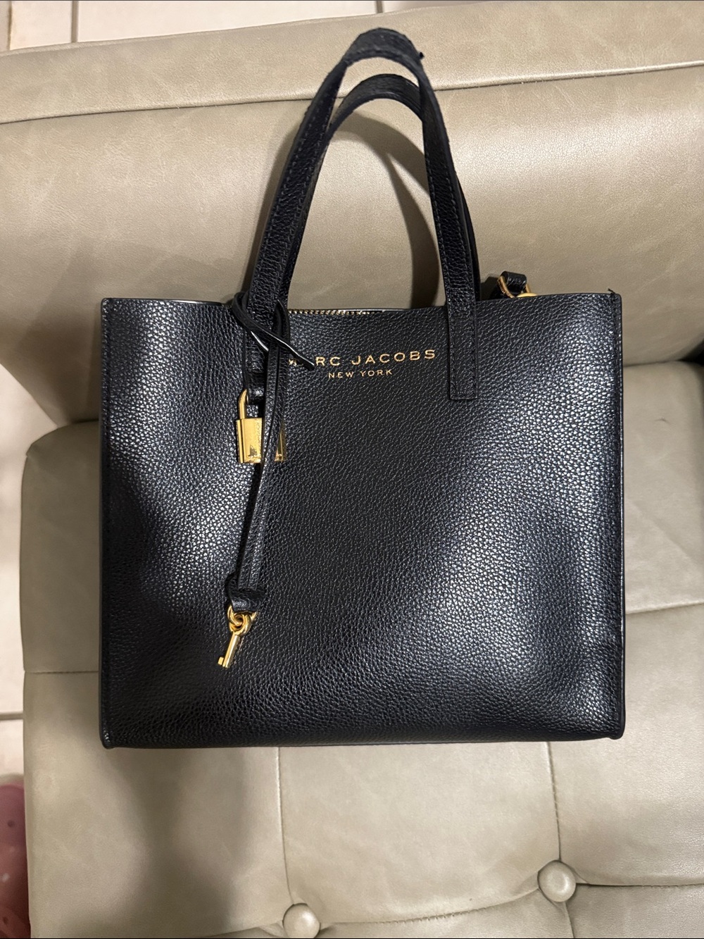 Marc Jacobs Black Pebbled Leather Tote with Gold Accents